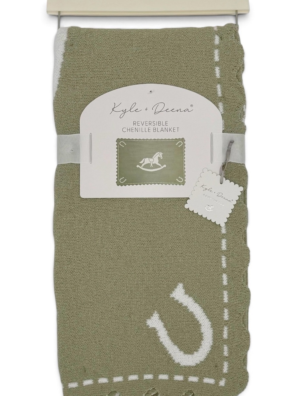Kyle+Deena Sage Green Reversible Chenille Baby Blanket Horseshoe Scallop Edge NW